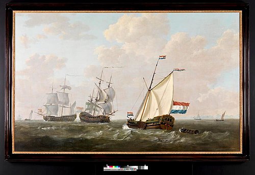 Het jacht van de Kamer Rotterdam van de Verenigde Oostindische Compagnie (VOC) begroet een Rotterdam, 1792, Jacob van Strij