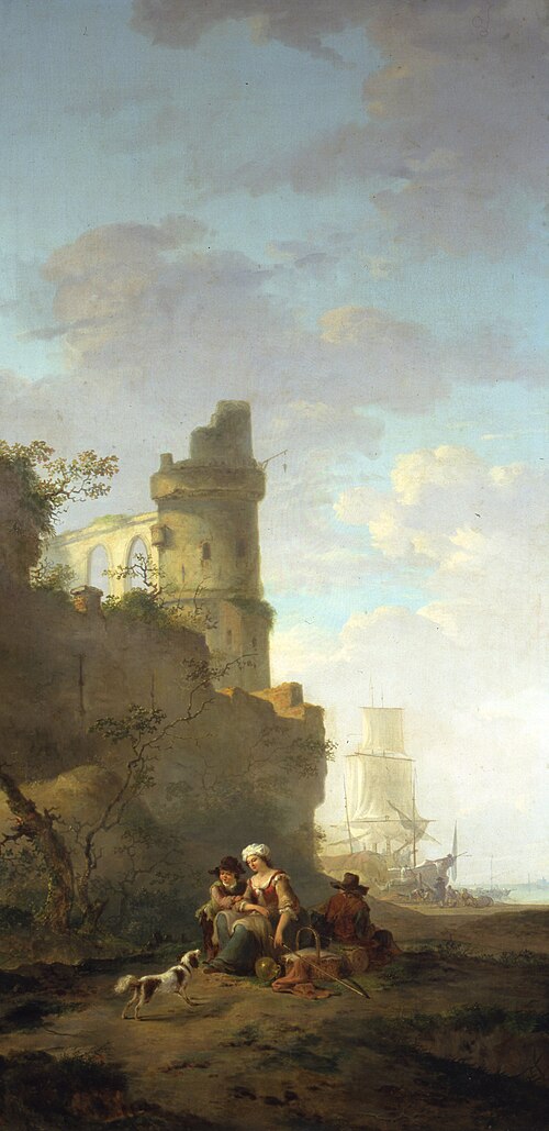 Italianiserend landschap met een ruïne en op de achtergrond een driemaster, , Jacob van Strij