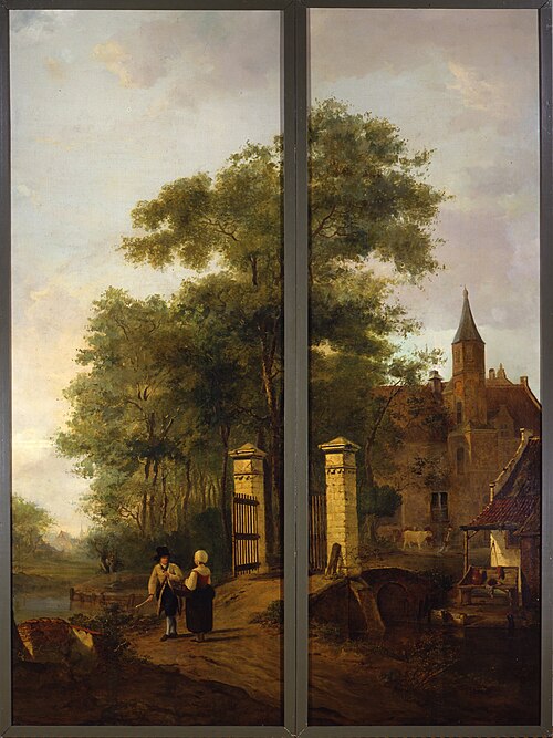 Landschap met toegangshek tot een kasteel, , Jacob van Strij