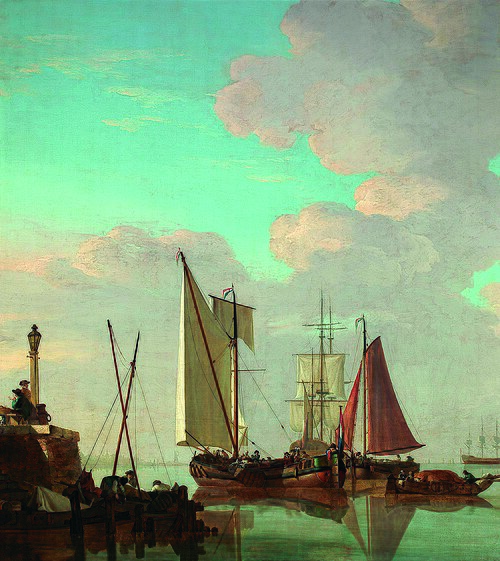 Havengezicht met schepen in kalm water bij een kade, 1795, Jacob van Strij