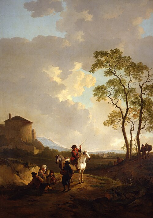 Italianiserend landschap met ruiter en enkele rustende reizigers en links op de achtergrond een gebo, , Jacob van Strij