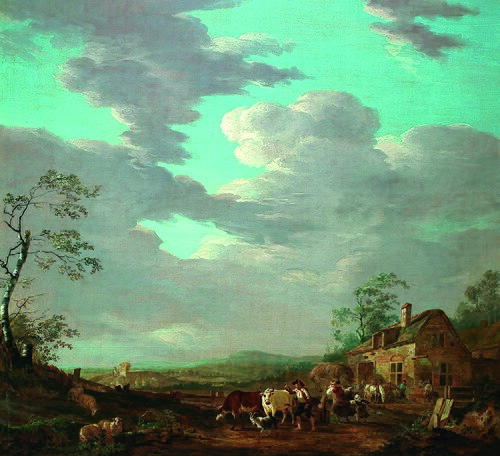 Landschap met figuren en vee bij een herberg, 1795, Jacob van Strij
