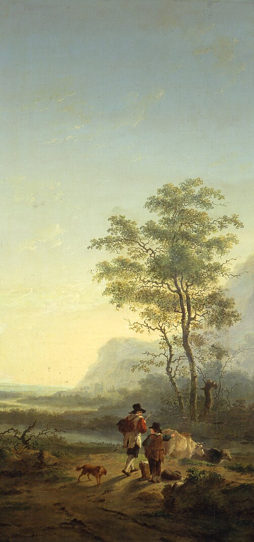 Italianiserend landschap met herder, herdersjongen en koeien, , Jacob van Strij