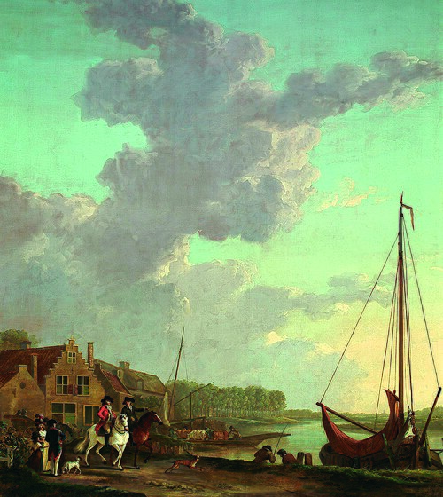 Rivierlandschap met een boeier en ruiters te paard op de voorgrond, 1795, Jacob van Strij