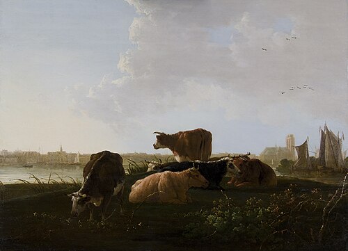 Landscape with cows resting a the bank of the river (Oude) Maas, in the backgrouns Dordrecht, 1793, Jacob van Strij