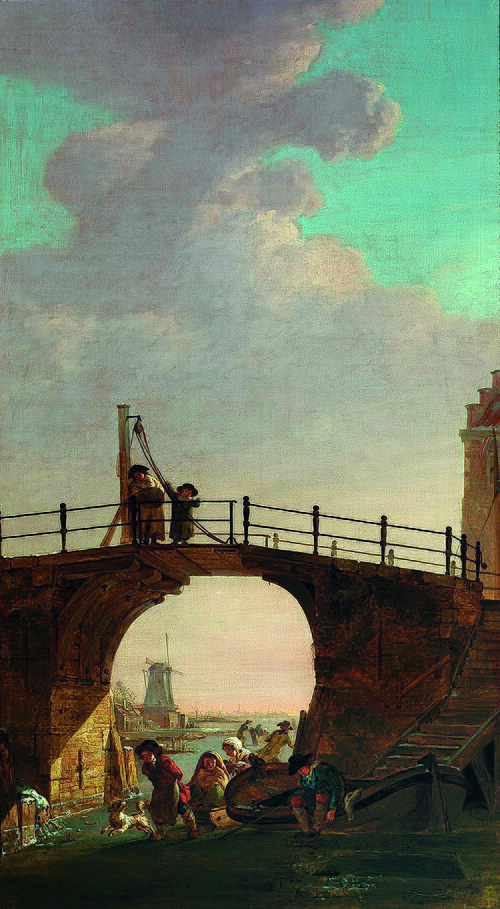 Winterlandschap met kinderen op het ijs onder een brug, 1795, Jacob van Strij
