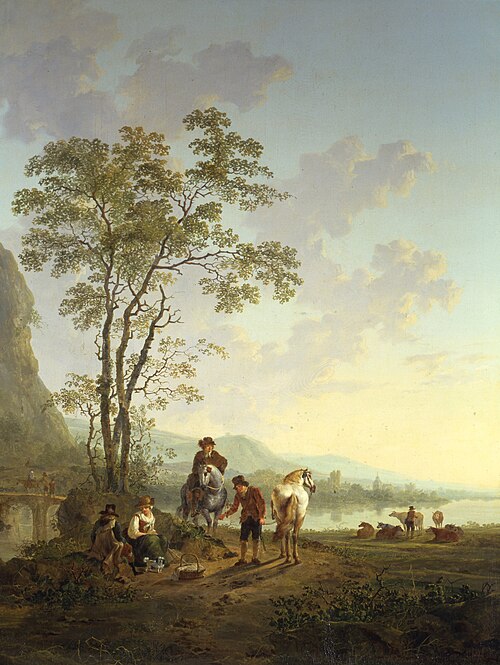 Italianiserend landschap met reizigers aan de kant van de weg en in de verte de ruïne van het Huis t, 1793, Jacob van Strij