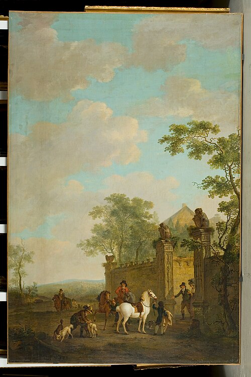 Landschap met jagers bij een kasteelpoort, , Jacob van Strij
