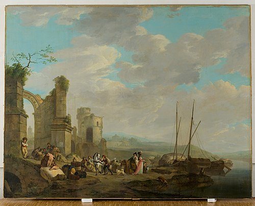 Kustlandschap met figuren bij een ruïne, , Jacob van Strij