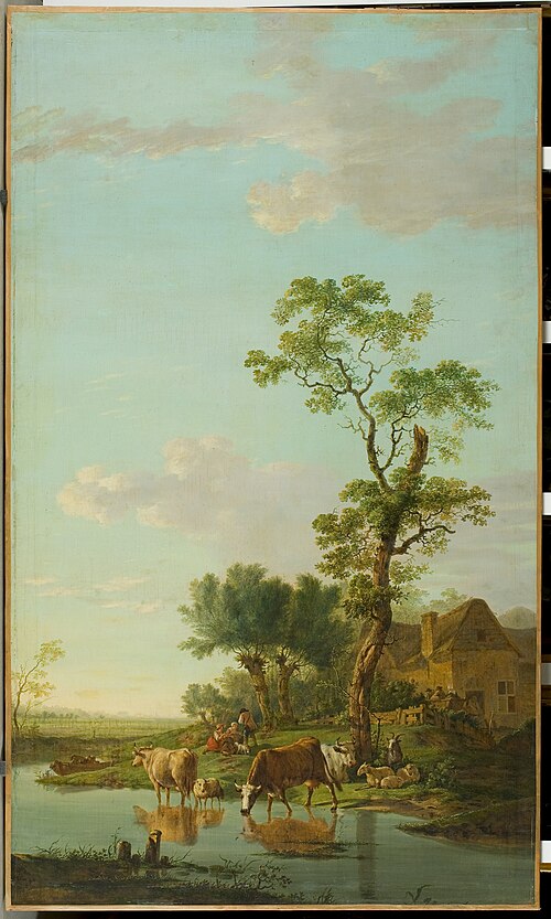 Landschap met in een plas wadende koeien, , Jacob van Strij