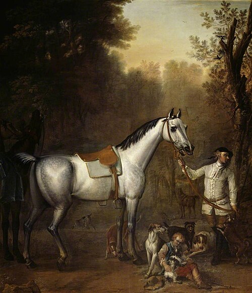 Viscount Weymouth’s Hunt: A Groom holding a Saddled Grey Hunter with Hounds and Terriers, 1734, John Wootton
