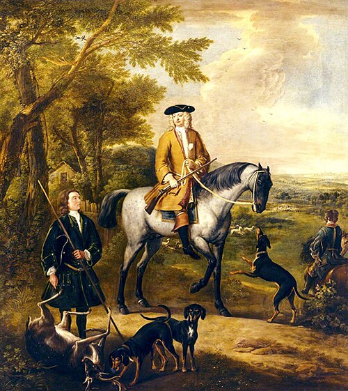 Gilbert Coventry, 4th Earl of Coventry (c.1688 - 1719) with Two Huntsmen in a Landscape, 1714, John Wootton