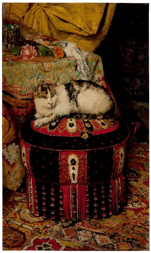 Un gato echado sobre un almohadón, 1876, Genaro Rodríguez Olavide