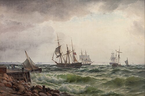 Skibe under land efter en byge, 1867, Carl Neumann