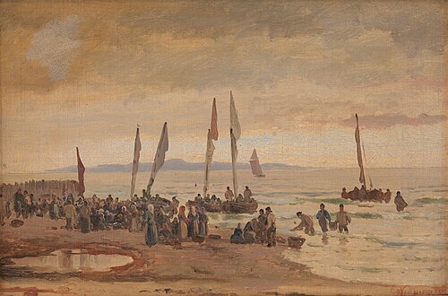 Hjemvendende fiskere modtages på Hornbæk Strand, 1869, Carl Neumann