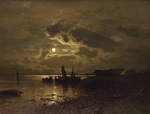 Fiskeläge i månsken, 1879, Axel Wilhelm Nordgren