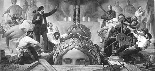 Die Erzgießerei in München: Das Personal ist beschäftigt, das kolossale Haupt der Bavaria aus der Gu, 1854, Wilhelm von Kaulbach
