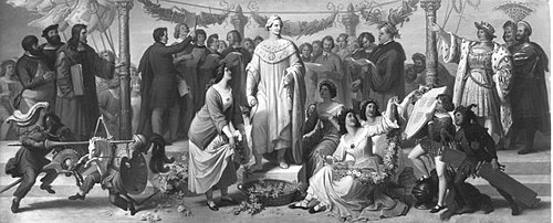 Ein Künstlerfest, wobei das Standbild König Ludwigs I. bekränzt wird, , Wilhelm von Kaulbach
