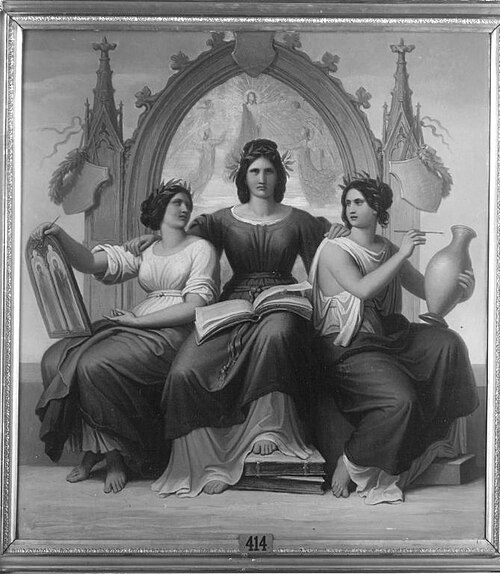 Drei allegorische Gestalten: Freskomalerei, Glasmalerei und Malerei auf Vasen, 1851, Wilhelm von Kaulbach