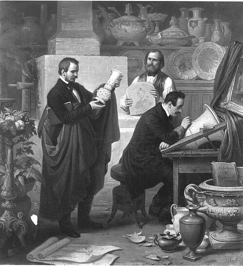 Ein innerer Raum der Porzellanmalereianstalt in München, in welchem der Inspektor und einige Künstle, 1853, Wilhelm von Kaulbach