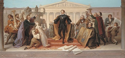 König Ludwig I., umgeben von Künstlern und Gelehrten, steigt vom Thron, um die ihm dargebotenen Werk, 1848, Wilhelm von Kaulbach