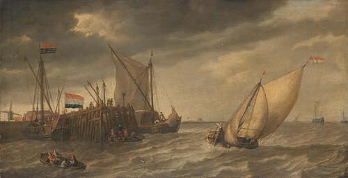 Ships near a pier, 1635, Bonaventura Peeters