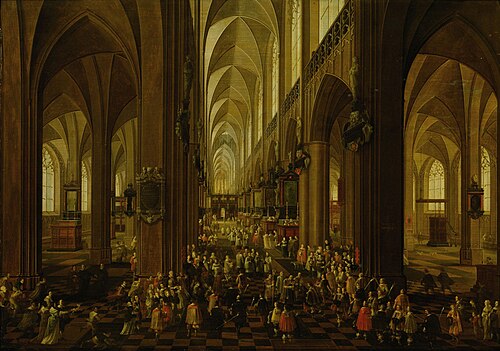 Interieur de la Cathedrale Notre Dame d'Anvers (Archduke Leopold Wilhelm received by the clergy), 1650, Bonaventura Peeters