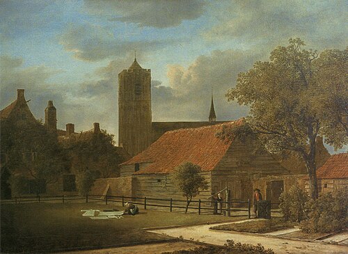 Naarden, a view of the Grote Kerk and a courtyard with a woman laying out linen, 1645, Isaac van Ruisdael