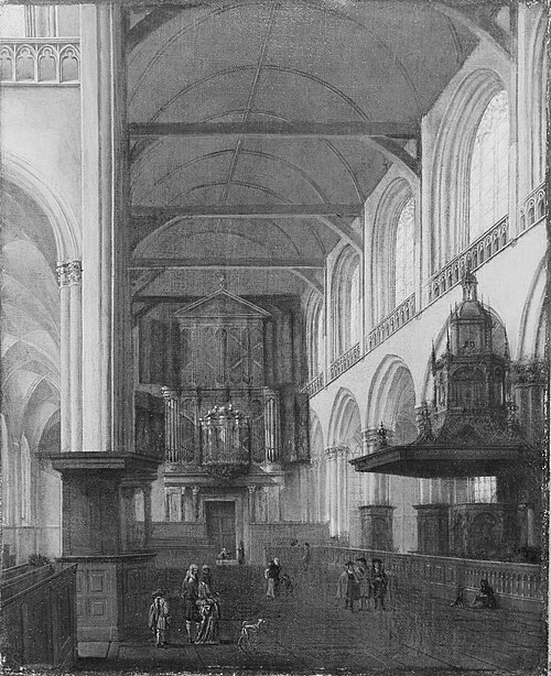 Het interieur van het schip van de Nieuwe Kerk naar het westen gezien, 1667, Isaack van Nickele
