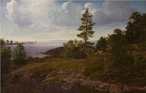 Udsigt over skærgården ved Elleholm i Blekinge, 1854, Godtfred Rump