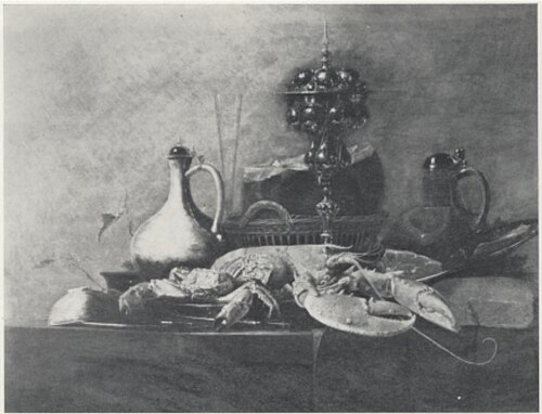 Still life with columbine cup, stone ware jug and lobster, 1644, François Ryckhals