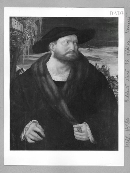 Bildnis eines (35jährigen) Mannes mit schwarzem Hut und pelzbesetztem Mantel, 1528, Wolf Huber