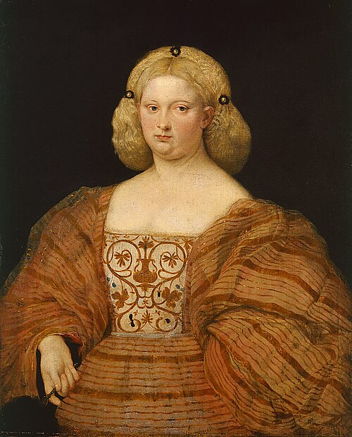 Portrait de Bona Sforza d'Aragona (1494-1557), reine de Pologne tenant un éventail, 1532, École vénitienne