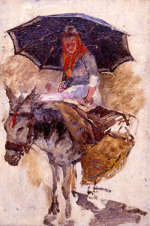 Woman riding a donkey, 1870, António Carvalho da Silva Porto
