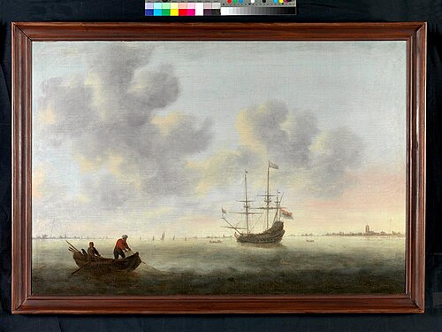 Een oorlogsschip voor de rede van Dordrecht, 1662, Jacob Adriaensz. Bellevois
