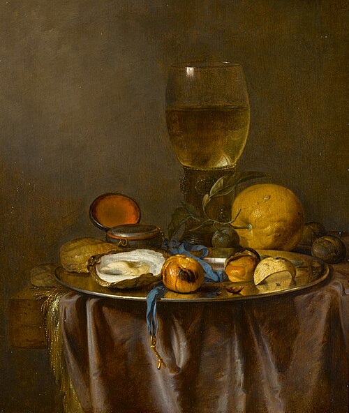 Still life with a roemer, timepiece, oyster and fruit, , Jacob van Walscapelle