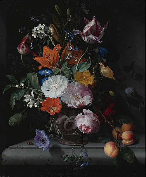 Still Life of Flowers and a Branch of Peaches in a sculpted Vase, standing on a Ledge, 1680, Jacob van Walscapelle