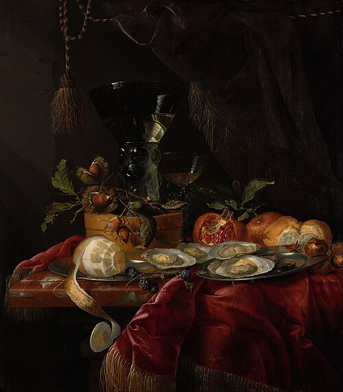 Still life with fruit, oysters and a wineglass, 1667, Jacob van Walscapelle