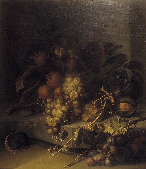 Stilleven met druiven, mispel en een muis, 1665, Jacob van Walscapelle