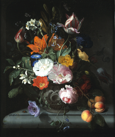 Still Life of Flowers with a Branch of Peaches, 1679, Jacob van Walscapelle
