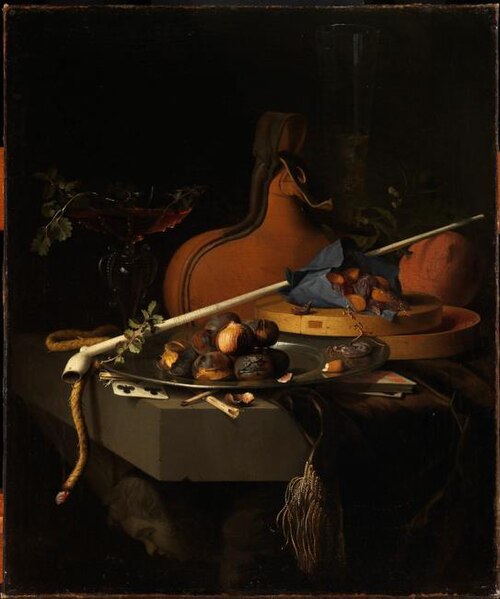 Still life with chestnuts on a plate, a clay pipe and smoking accessories, 1678, Jacob van Walscapelle