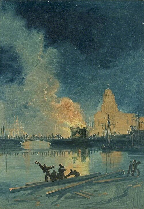 Bristol Riots: Burning Toll House on Prince Street Bridge, 1832, James Baker Pyne
