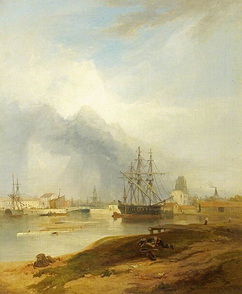 Bristol Docks with the Church of St Mary Redcliffe in the distance, 1832, James Baker Pyne