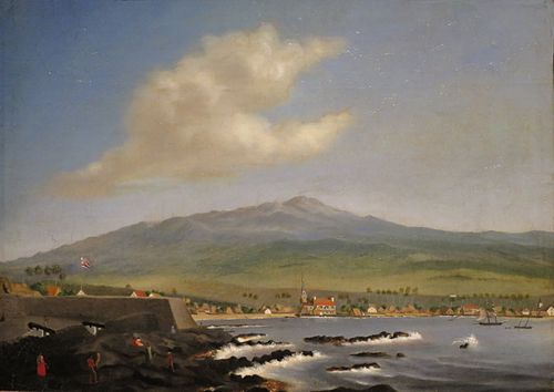 Kailua-Kona with Hualalai, Hulihee Palace and Church, 1852, James Gay Sawkins