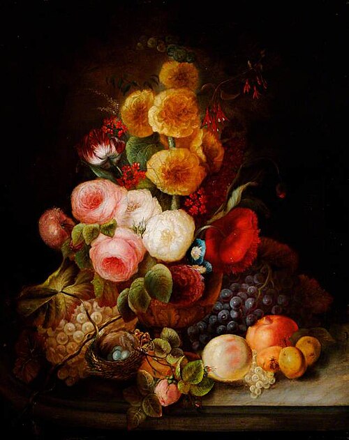 Still Life of Mixed Flowers in a Vase, with Fruit, Insects and a Bird's Nest with Eggs, 1840, James Stewart