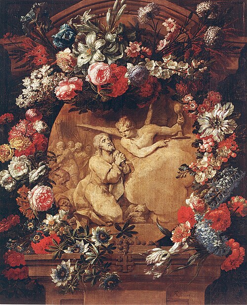 Garland of flowers surrounding a cartouche of Jesus in the Garden of Olives, 1705, Jan Baptist Bosschaert
