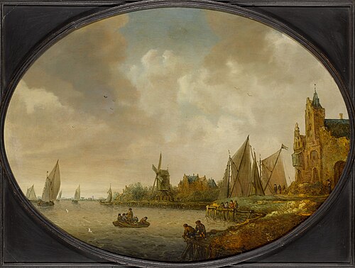 River landscape with a windmill, a port building, and sailing vessels, , Jan Coelenbier