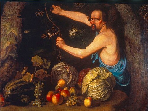 Man, cutting a branch, with a still life of fruit and vegetables, 1628, Jan Willemsz. van der Wilde