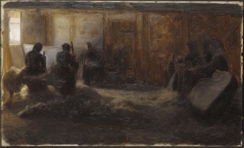 Flax-beating at Tidsvilde, Själland, 1887, Julius Paulsen
