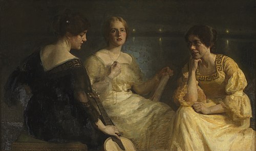 Unge kvinder. Fra venstre: Karen Bramsen; kunstnerens hustru Esther, f. Lange; Johanne Munch-Peterse, 1904, Julius Paulsen